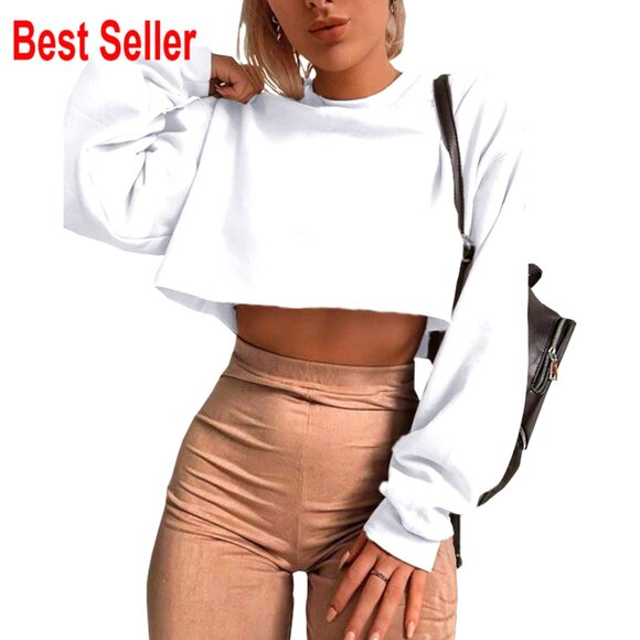Crop Pullover Sweatshirt Long Sleeve Loose Fit Casual Workout Top